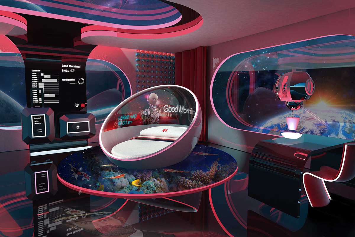A rendering of a futuristic vision of a hotel in space showing a bedroom