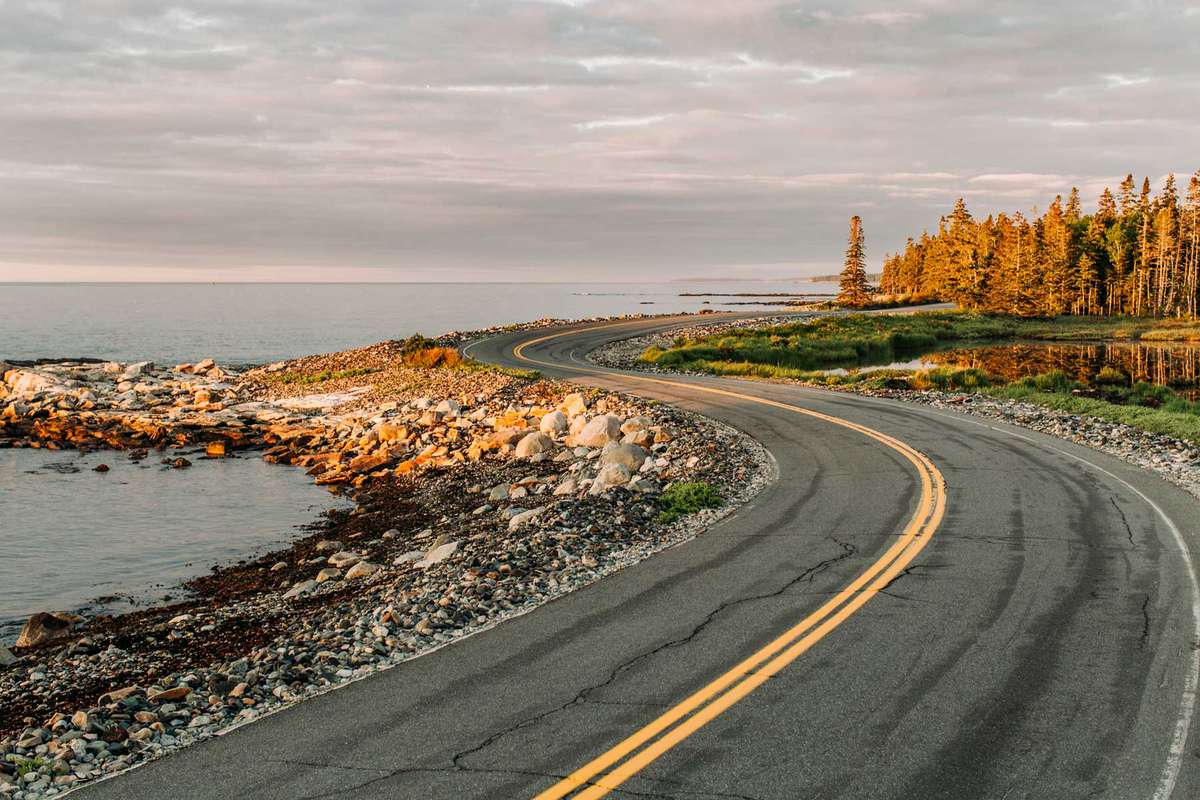 Twisting road hugs shoreline at sunrise, Acadia National Park, Maine