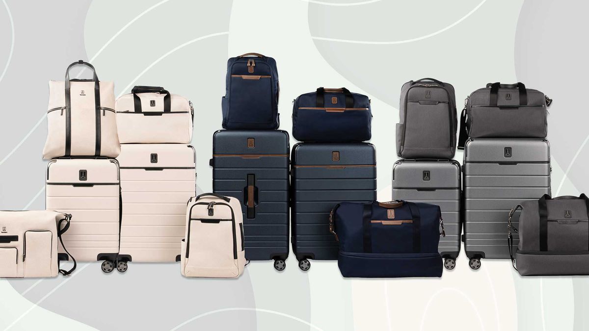The collection of Travel + Leisure's luggage collaboration with TravelPro shows pieces in white, navy and grey