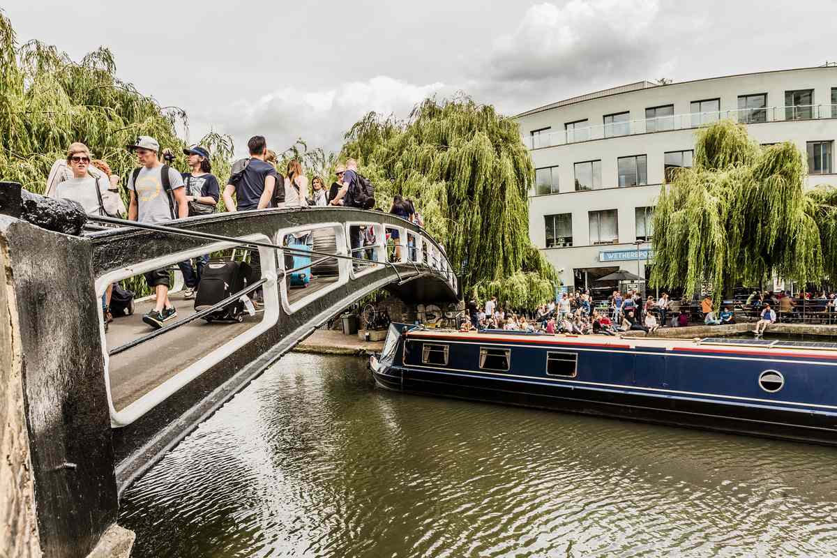 People on bridge in Camden, London