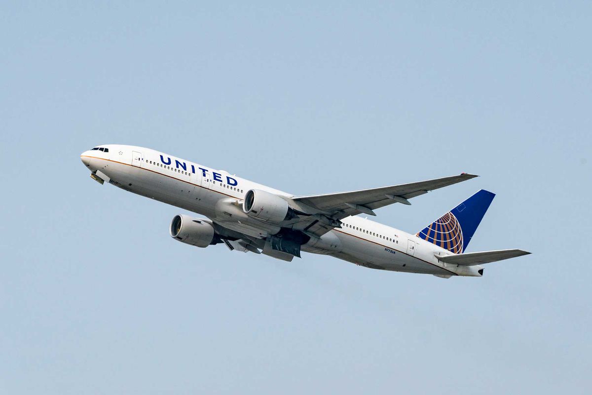 United Airlines Boeing 777-222 takes off at Los Angeles international Airport on September 15, 2020 in Los Angeles, California.