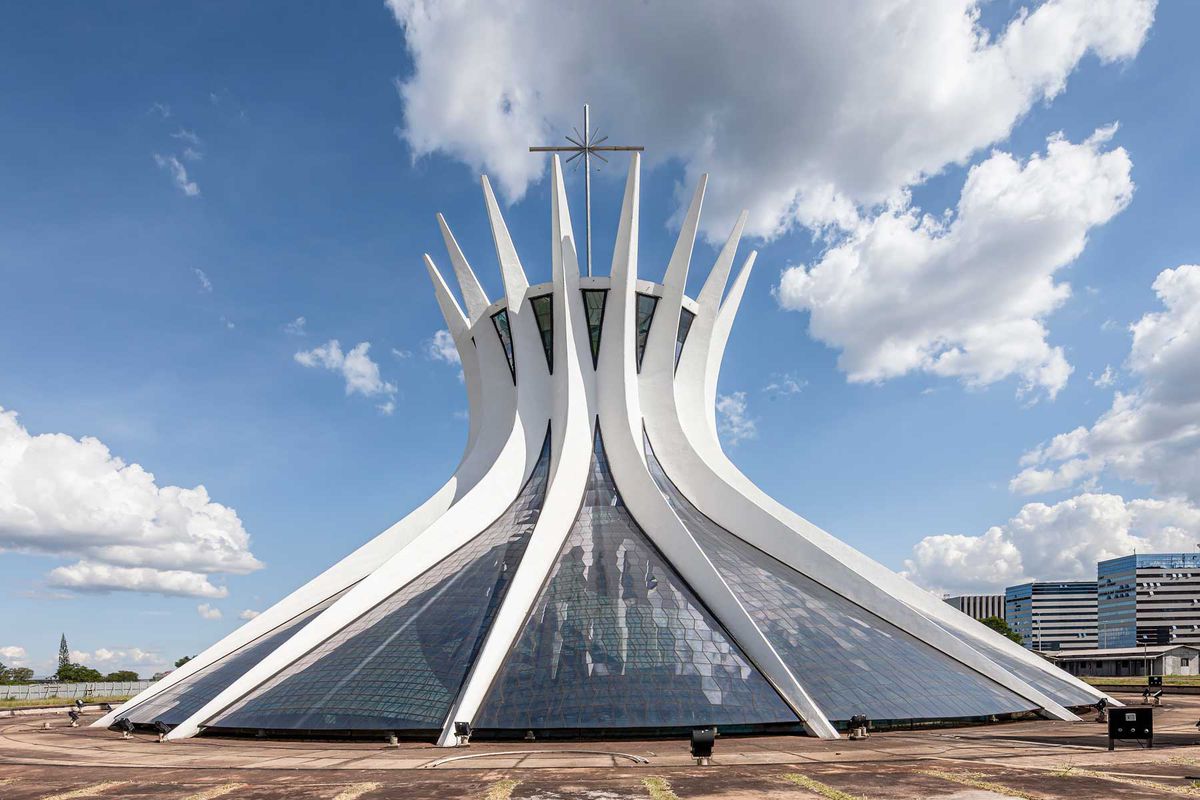 The Modernist exterior of the Metropolitan Cathedral of Brasília, in Brazil, designed by Oscar Niemeyer