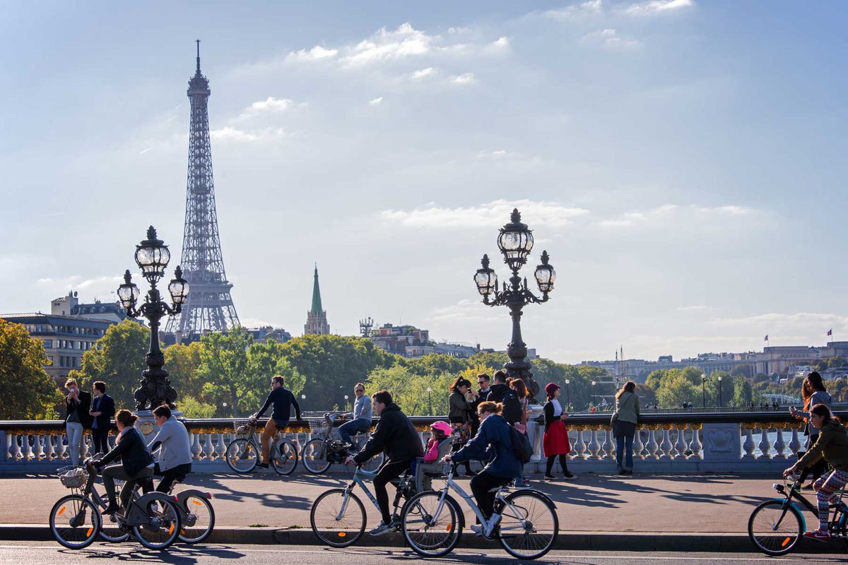People enjoying a car free day in Paris, France