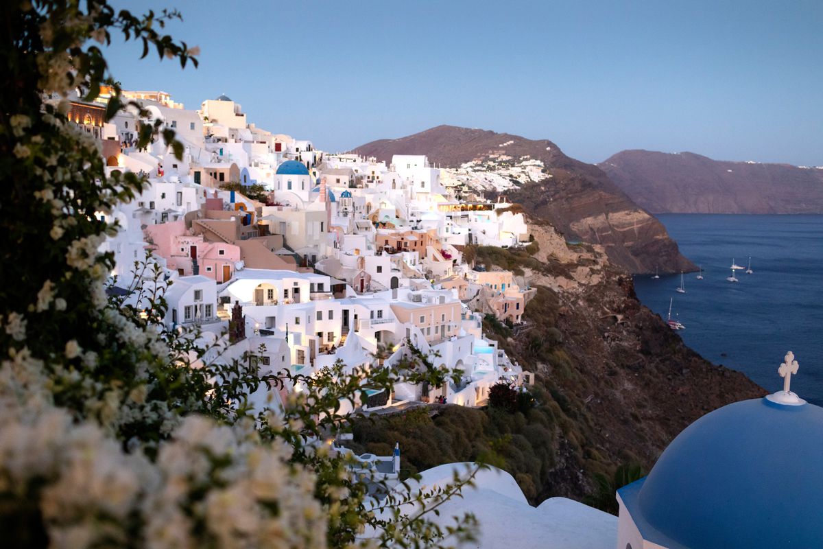 White houses and blue domes of Oia in Santorini.