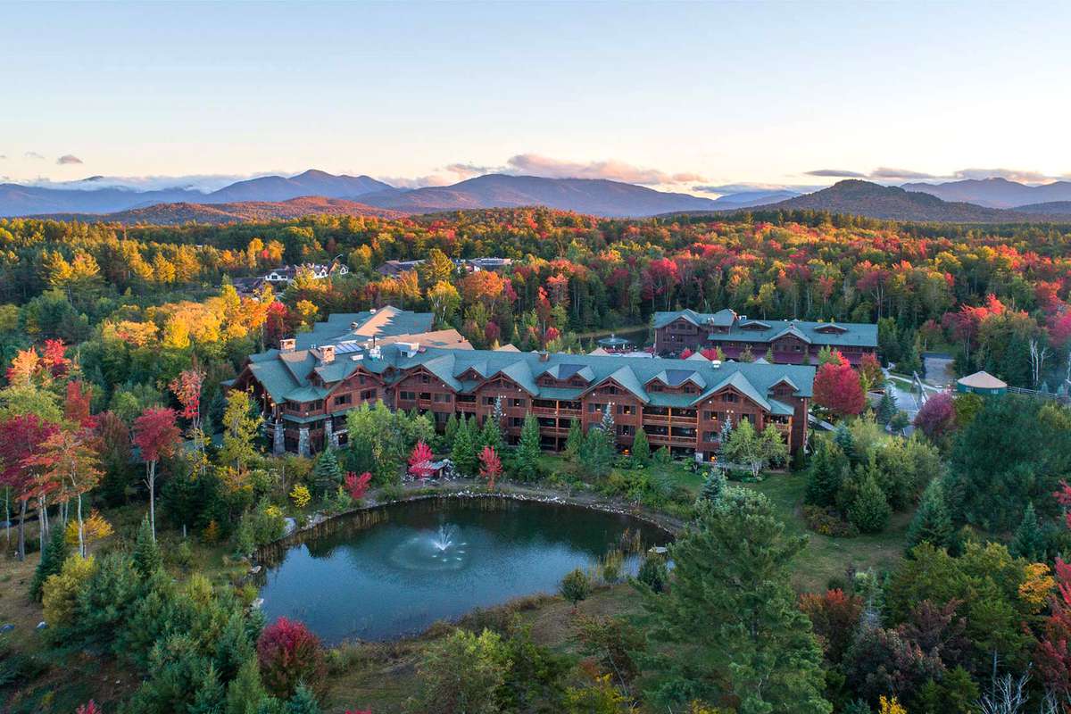 Aerial view of fall foliage and Whiteface Lodge in Lake Placid, New York