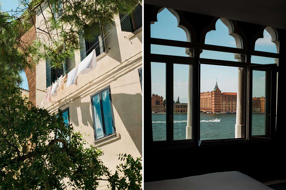 Scenes from Venice Italy. At left, laundry hanging above the street in the Cannaregio neighborhood; at right, view of a boat on Venice's canals through the windows of a guest room at the Palazzo Experimental
