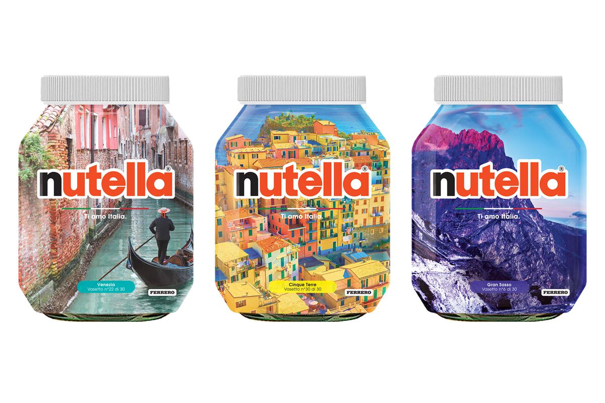 Nutella jars with landscape scenes of Italy superimposed on top