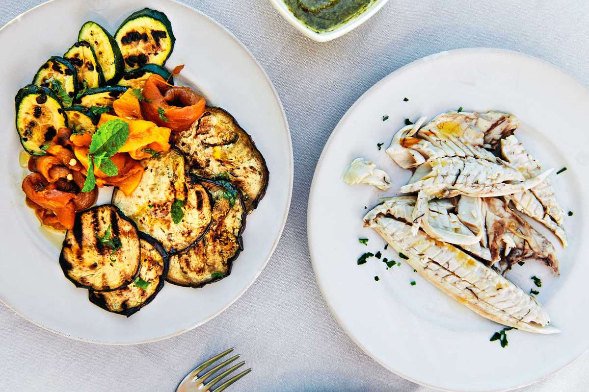 Lunch of grilled vegetables and fish at Palazzo Daniele hotel in Puglia, Italy