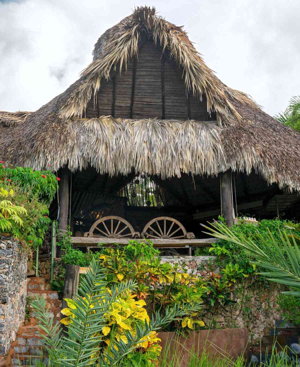 Exterior of a thatched villa set in lush landscape at Casa El Paraiso, in the Dominican Republic