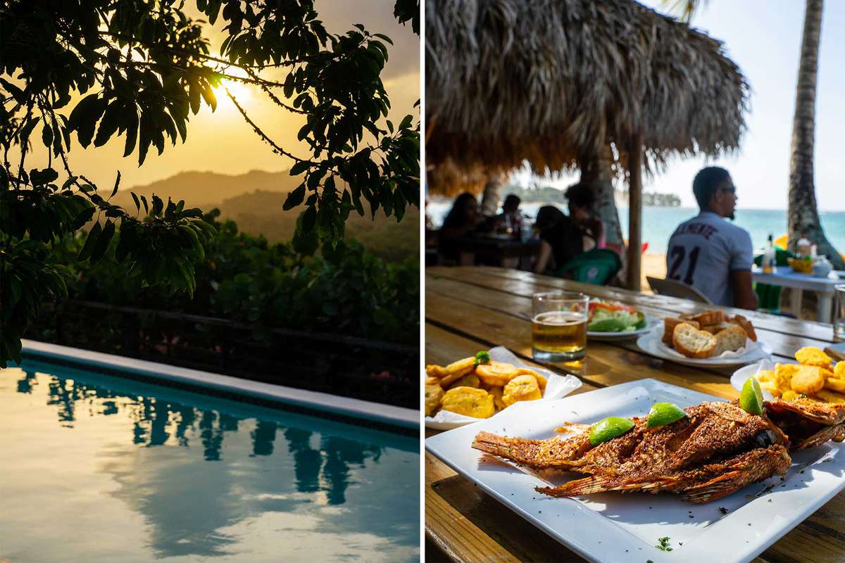 Scenes from the Dominican Republic: at left, the pool at the Clave Verde Ecolodge; at right, a plate of fried fish at a restaurant overlooking the beach at Las Terrenas
