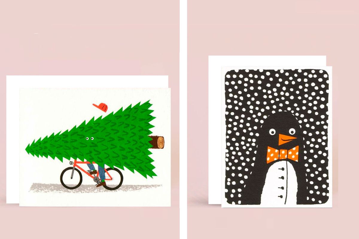 Holiday cards illustrated with Christmas tree and penguin