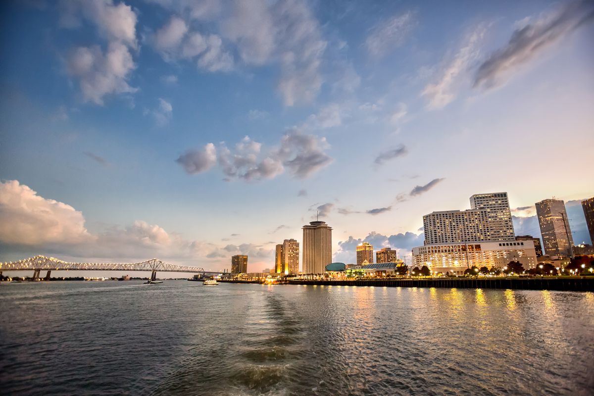 Evening image of the New Orleans skyline from the Delta of the Mississipi River