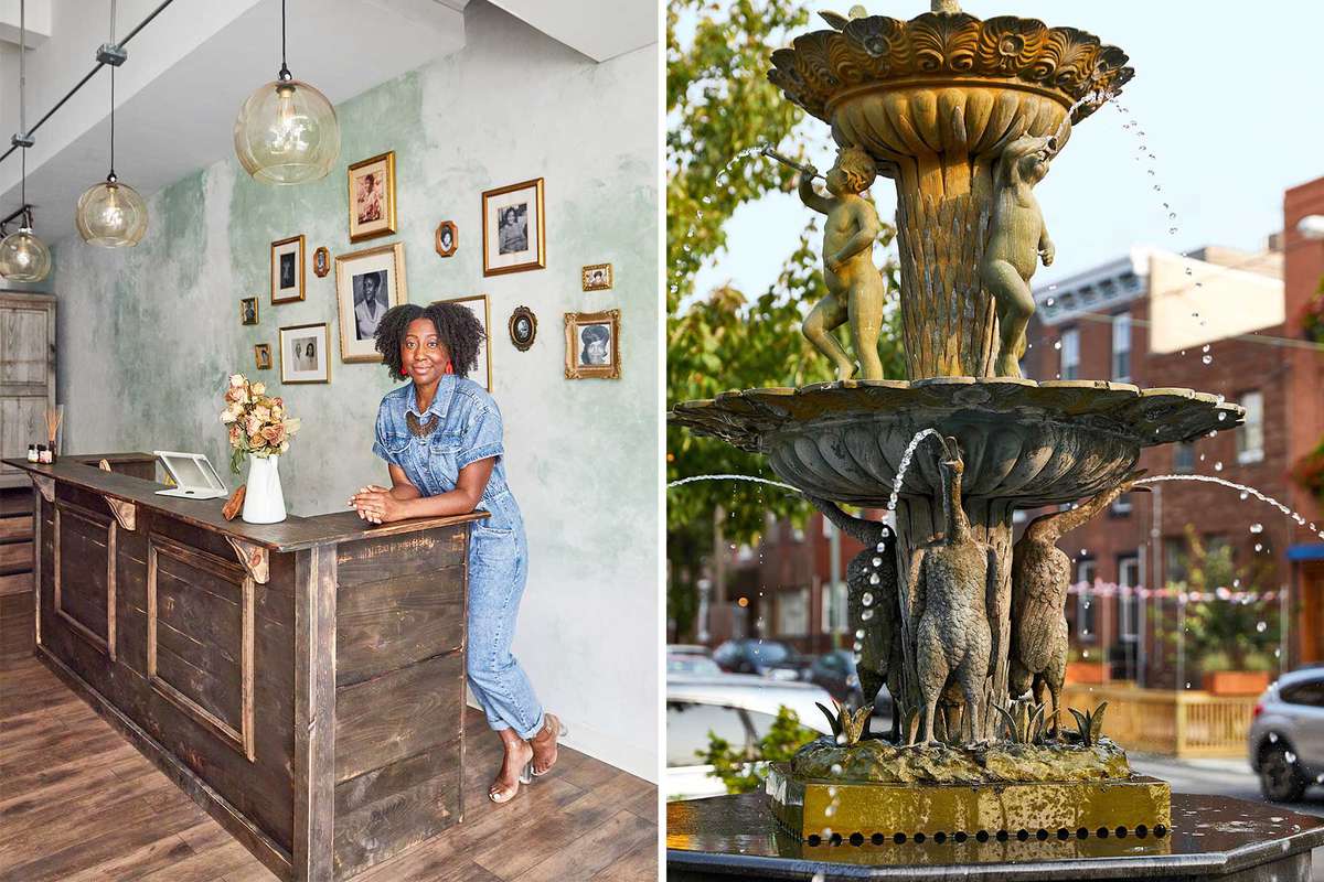 Scenes from Philadelphia, including a haircare shop owner, and the city's famous singing fountain