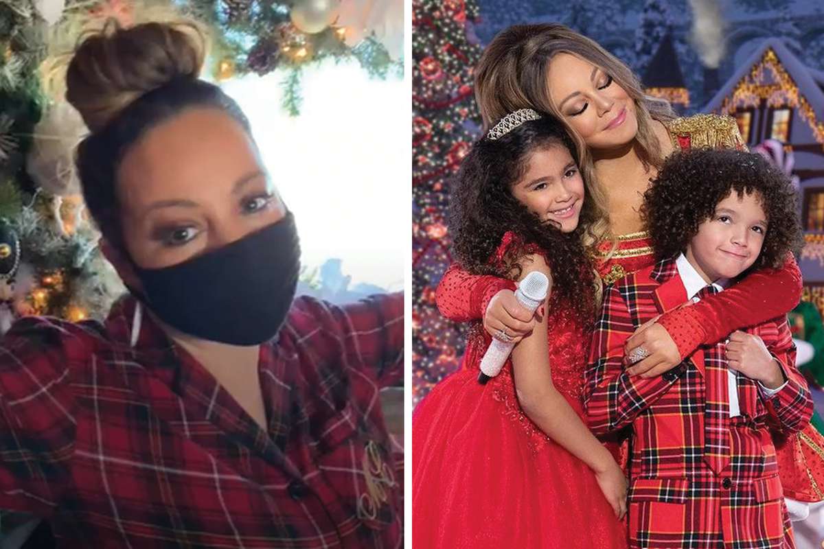 Mariah Carey in a mask on a road trip to Aspen and Mariah Carey with her twins on stage at the Christmas performance