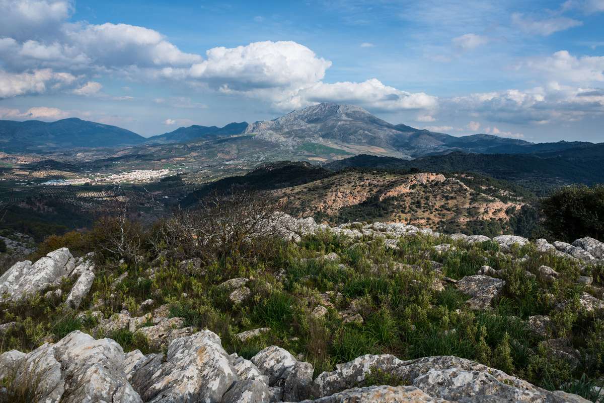 A wide view across the mountains of the Sierra de las Nieves in Andalusia, Spain.