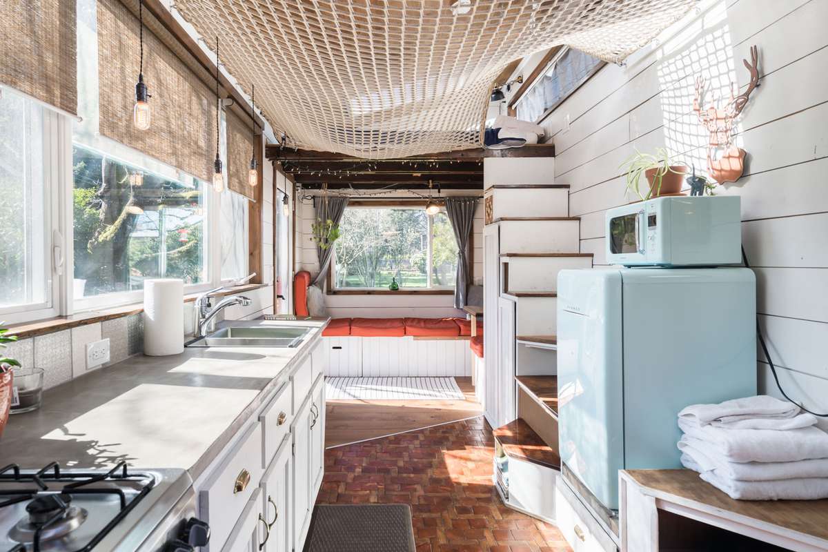 Kitchen and sitting area in tiny home