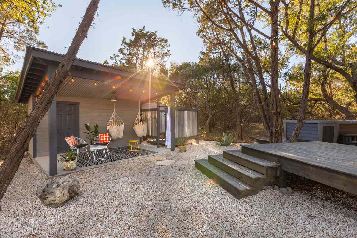 Exterior and gravel patio of tiny home