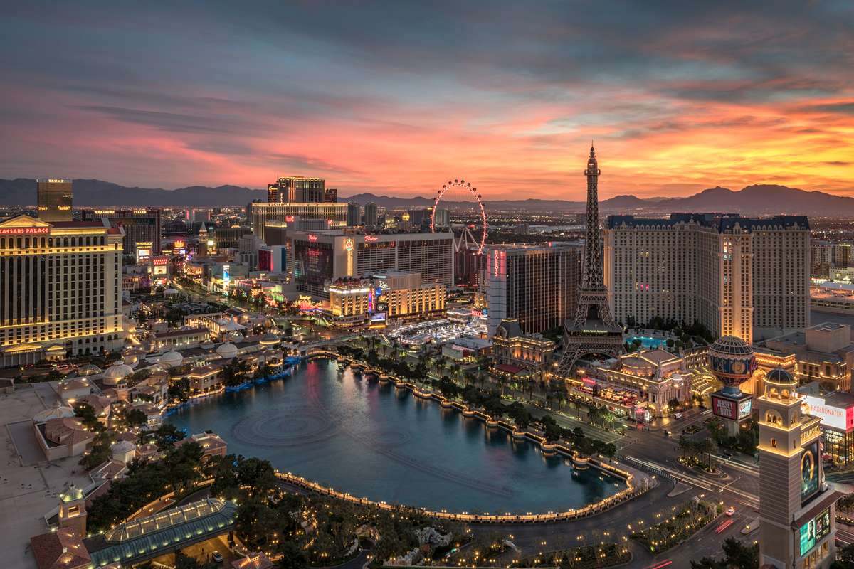 Las Vegas, aerial view at dusk of the The Strip