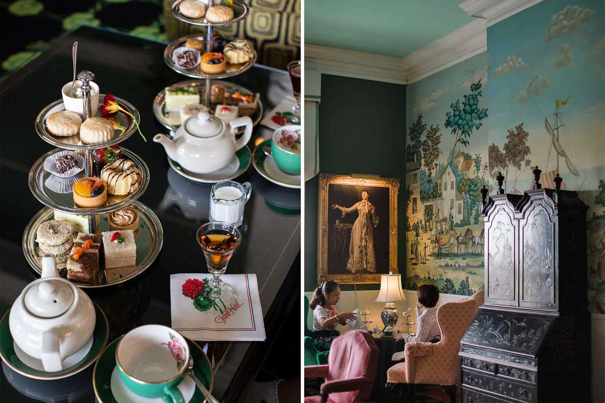 Scenes from Mackinac Island: detail of tea service and view of the tea room at the Grand Hotel on Mackinac island