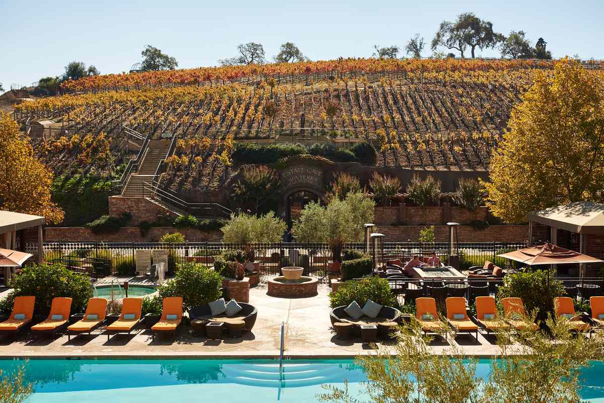 View of the pool and vineyards at the Meritage Resort & Spa