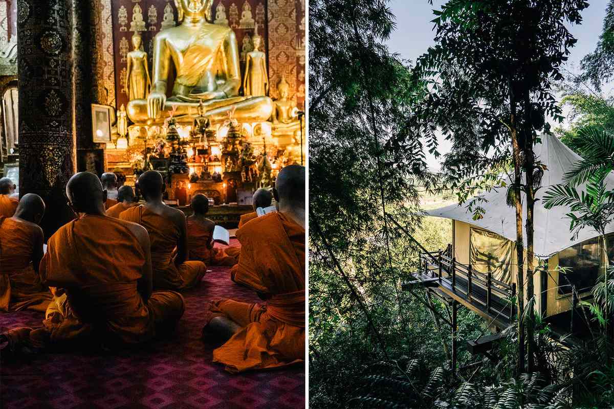 Scenes from a Mekong River Cruise: monks in a Buddhist temple in Luang Prabang and a treehouse suite at the Four Seasons