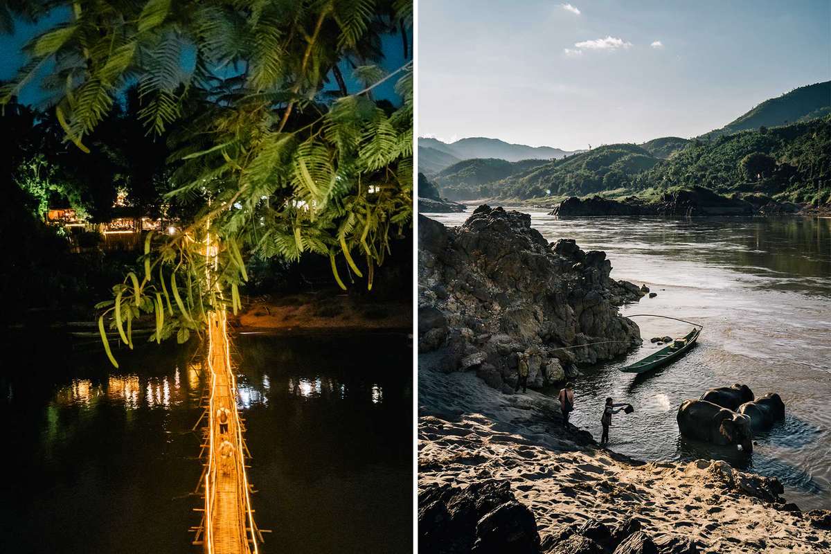 Scenes from a Mekong River Cruise: a bridge over a river, lit up at night, and elephants being bathed in a river