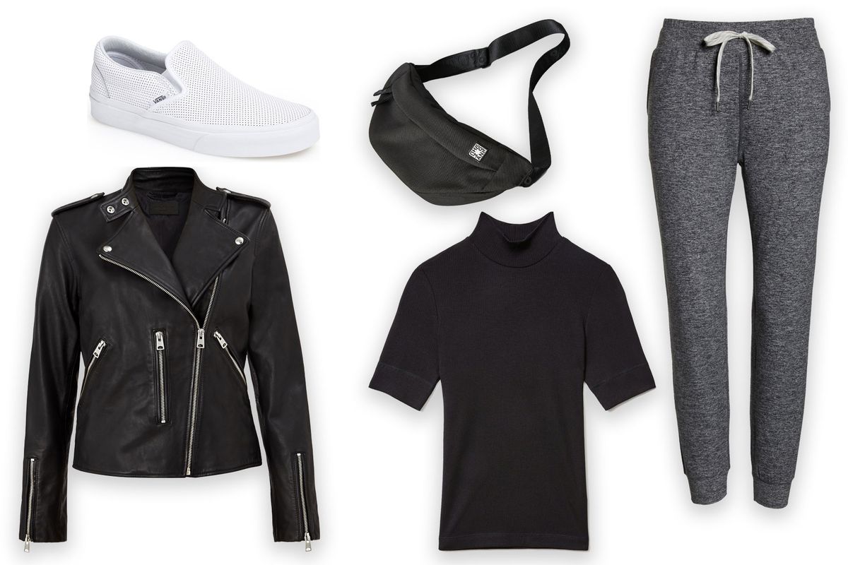 Black leather jacket, tshirt, white slip on shoes, grey sweatpants, and black fanny pack