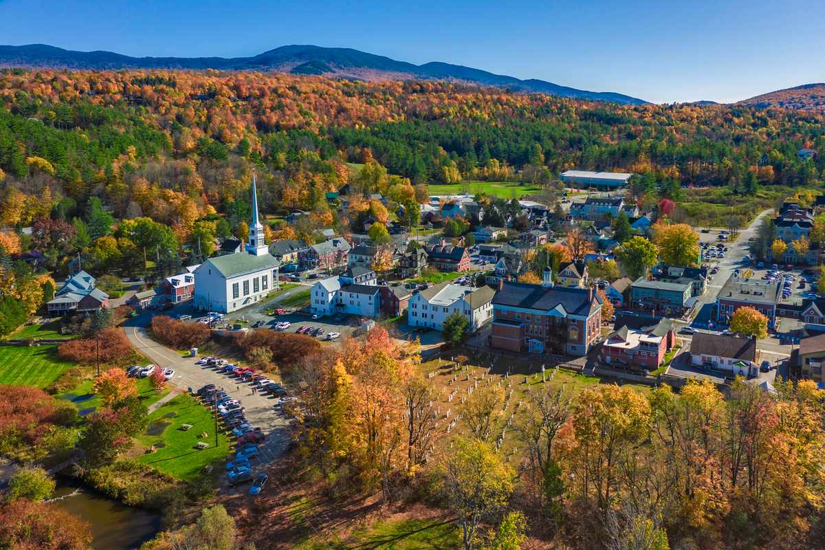 Aerial view of charming small town Stowe, Vermont