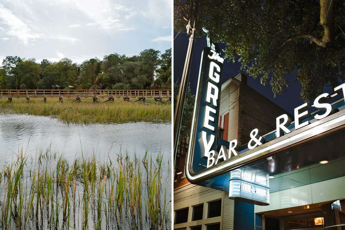 Scenes from Savannah, Georgia, including marshlands and the art deco signage at The Grey restaurant