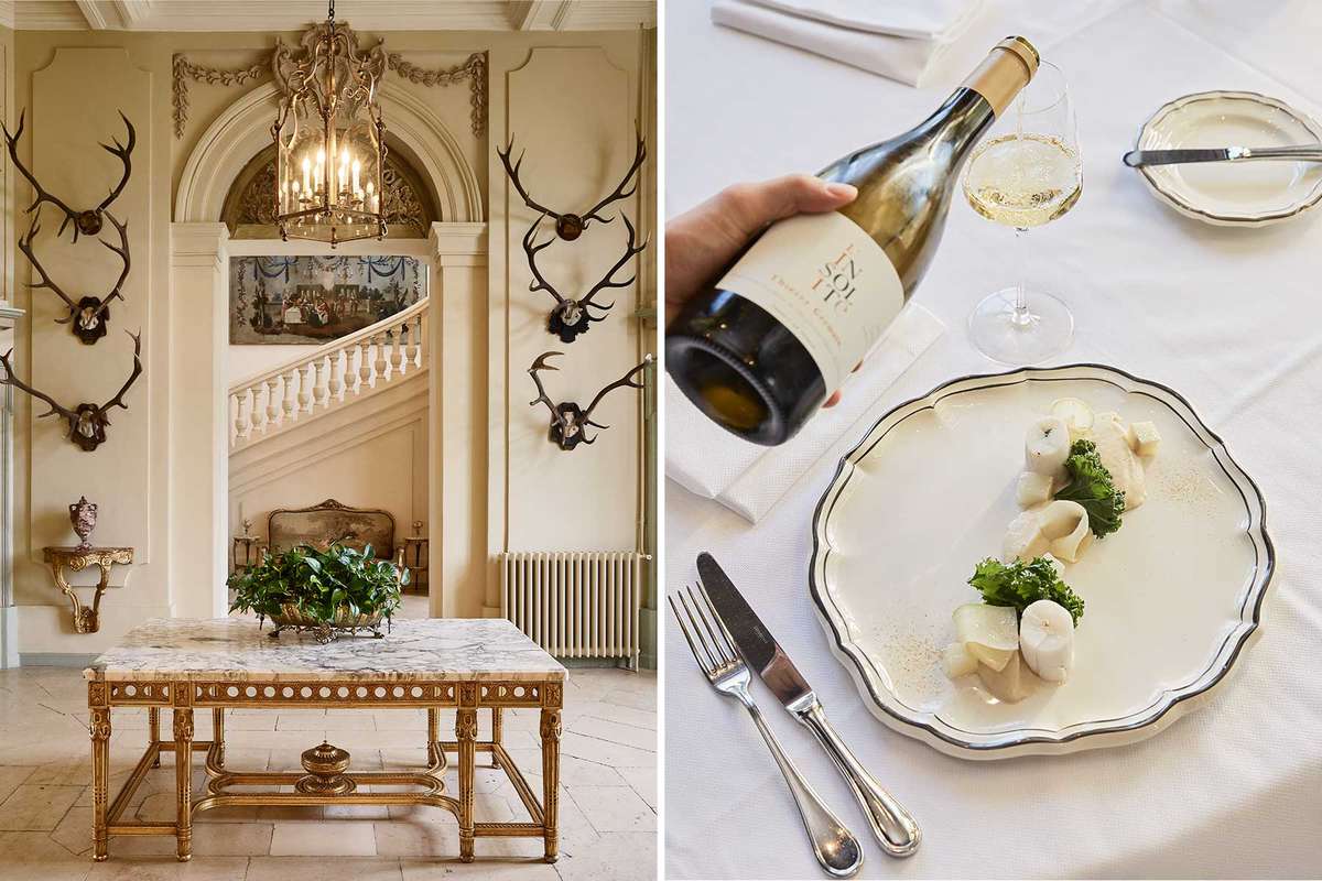 Grand entrance hall of a hotel in the Loire Valley, with antlers on the wall; a dish of sole and kohlrabi, served with wine