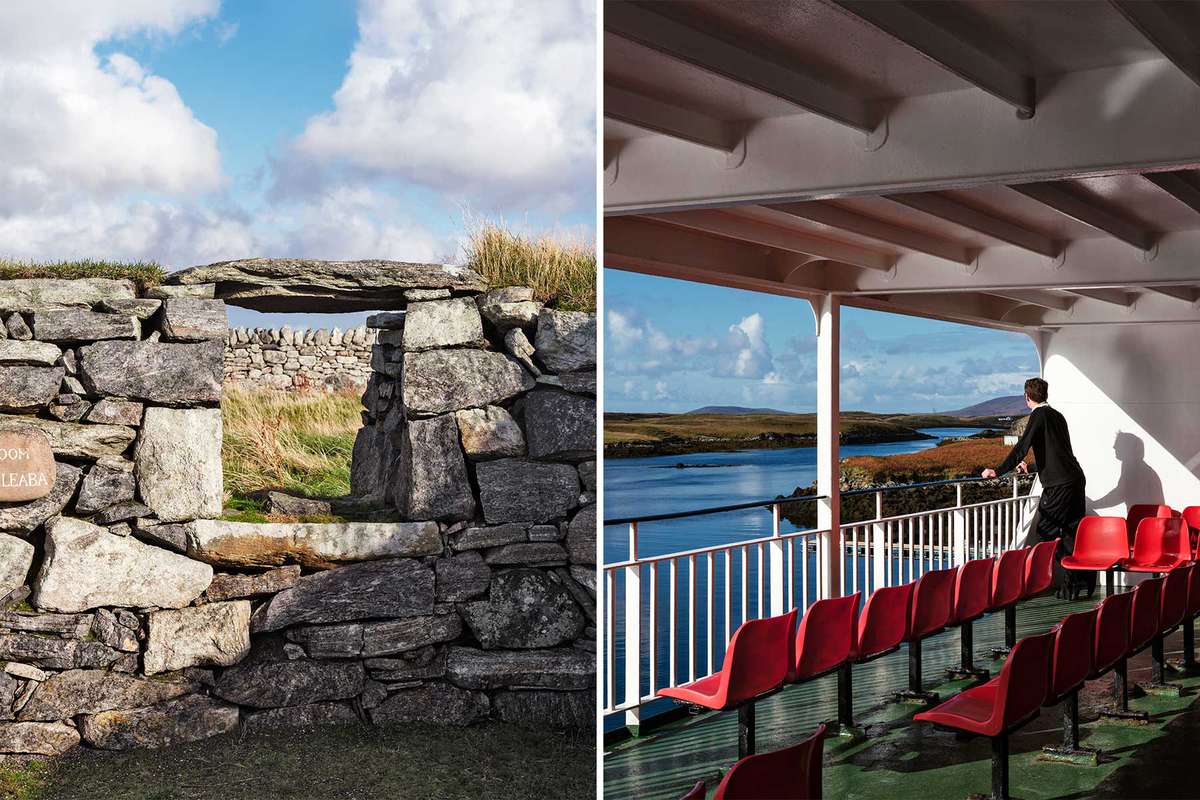 Pair of photos showing ruins of a traditional stone blockhouse, and a man looking over a ferry railing, both from the Scottish Hebrides