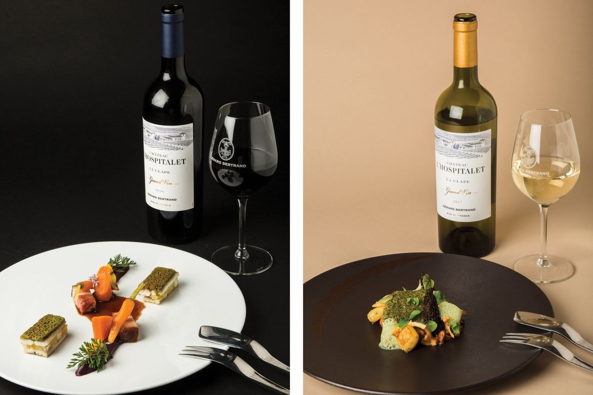 Two meal plates with pairings of L'Hospitalet wine