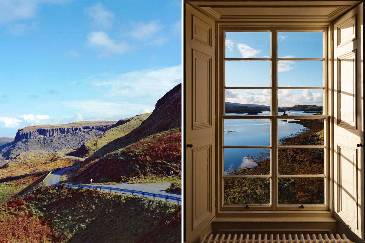 Pair of photos showing the Isle of Skye, one showing a view of a winding road through the landscape and a second showing the view of water through a castle window