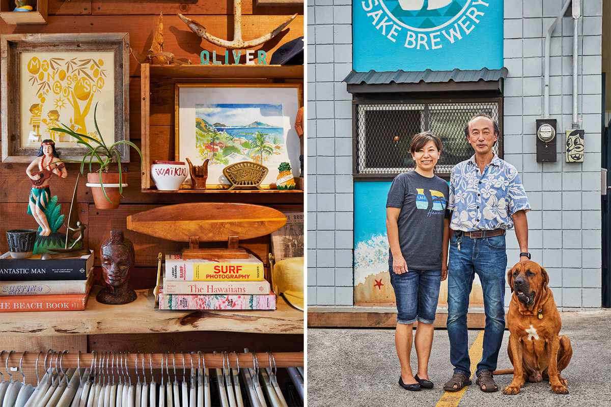 At left, detail of goods on display at a shop in Kailua, Hawaii, and at right, the owners of a sake shop pose for a portrait with their dog
