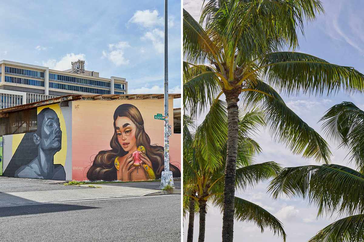 Photo showing street art in Waikiki, Hawaii paired with a detail photo of palm trees at the beach