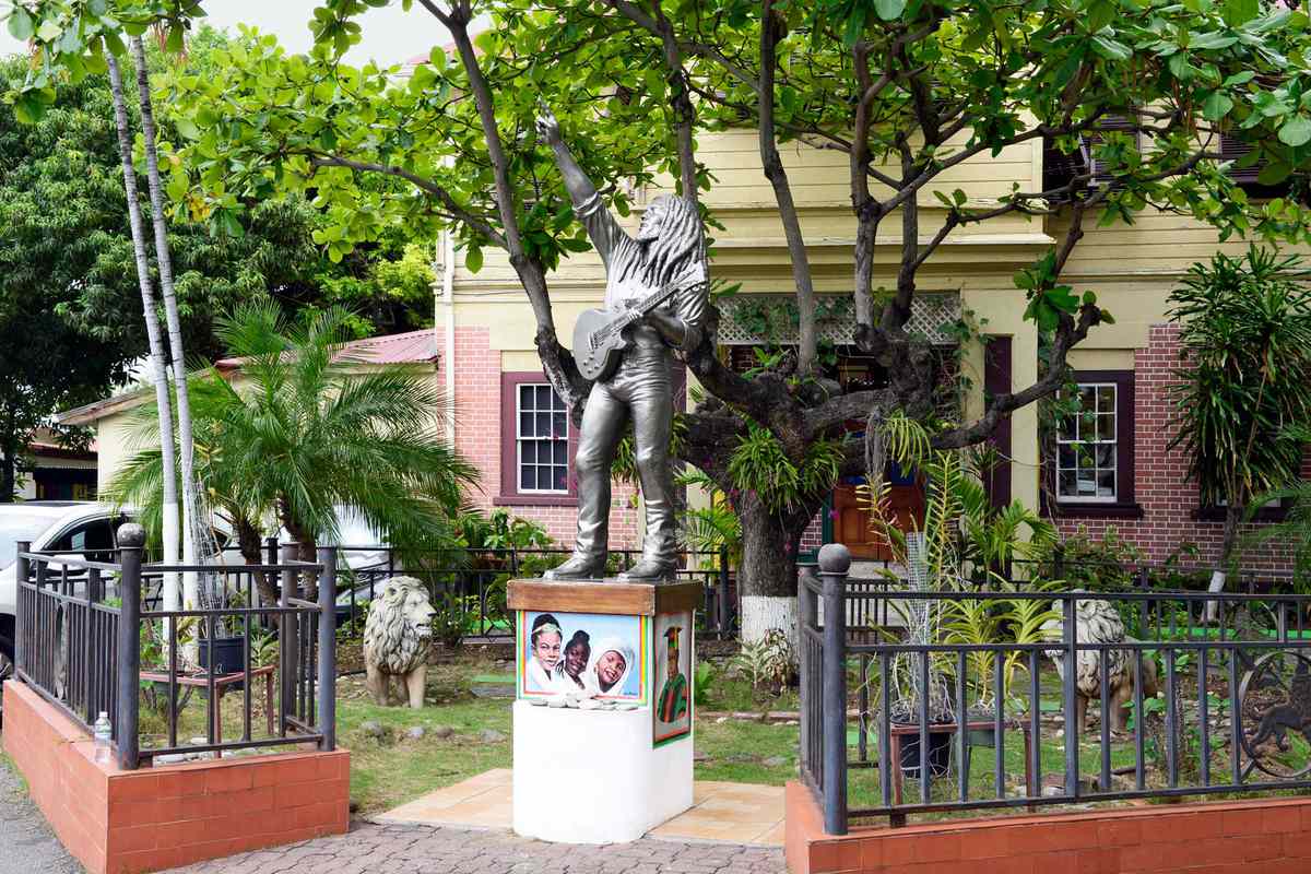 Statue of Bob Marley at the entrance to the Bob Marley museum in Kingston, Jamaica