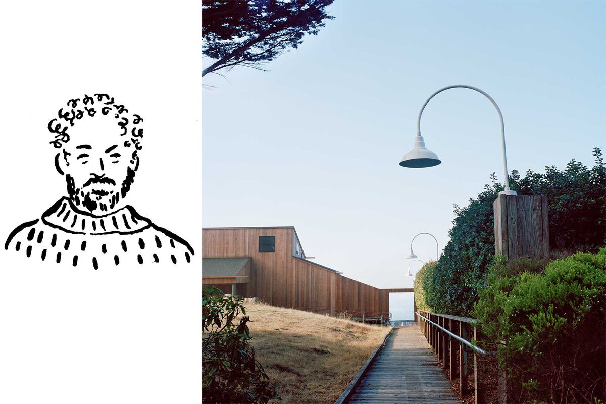 Illustration of Lawrence Halprin paired with a view of the Sea Ranch Lodge