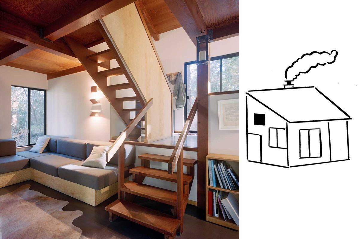 Photo of interior and illustration of exterior of Mini Mod rental house at Sea Ranch