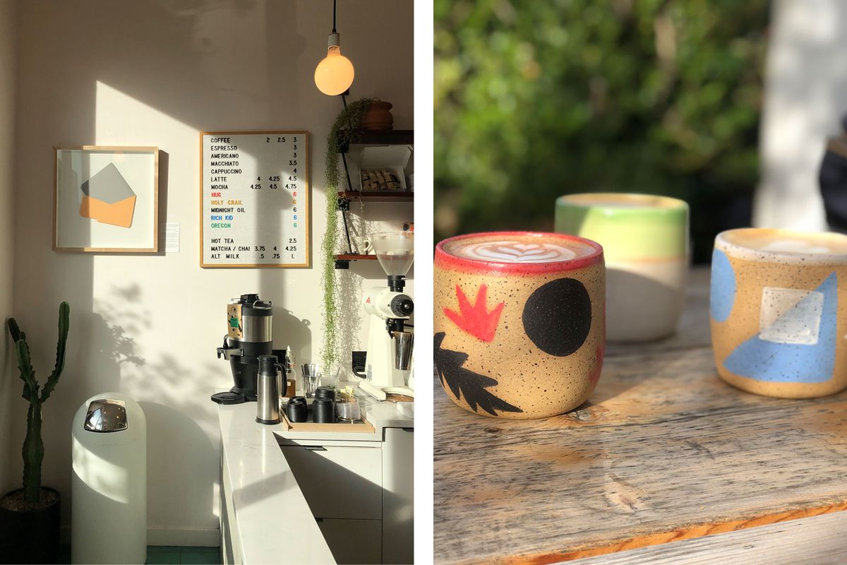 Interior of coffee shop and three coffees in ceramic mugs