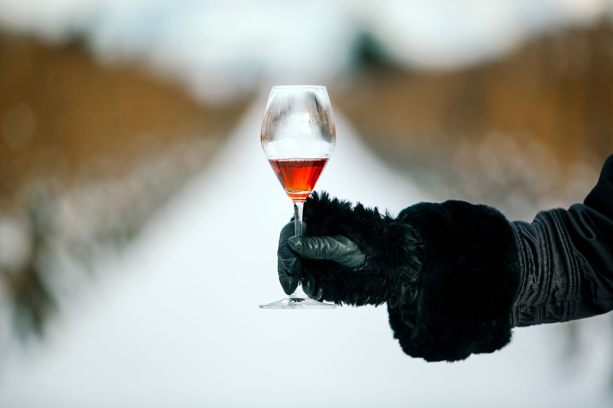 A glass of ice wine in winter season in Ontario, Canada