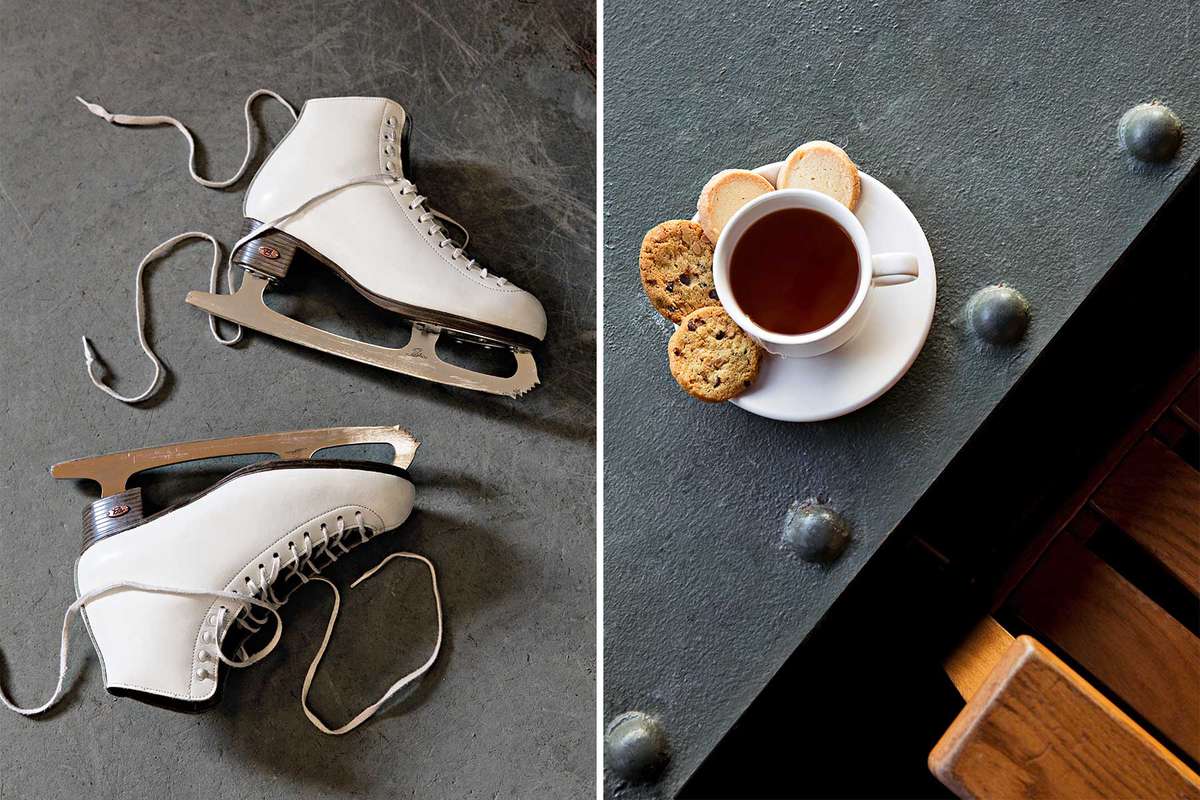 Pair of photos from Mohonk Mountain House showing ice skates and tea and cookies