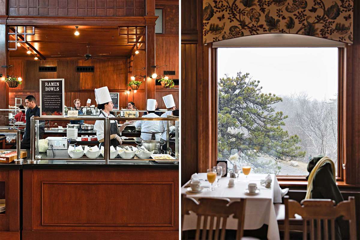 Pair of photos showing the buffet counter and the view from the main dining room at Mohonk Mountain House