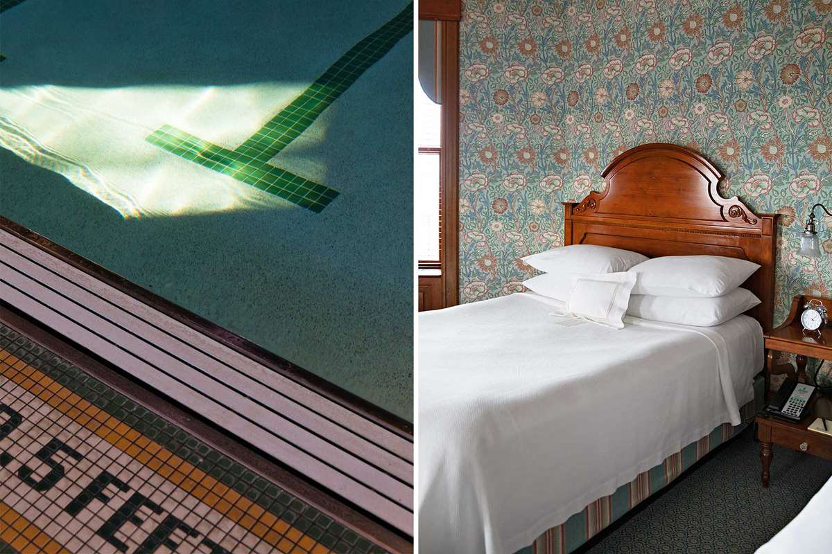 Pair of photos showing a detail of the pool and a guest room at Mohonk Mountain House