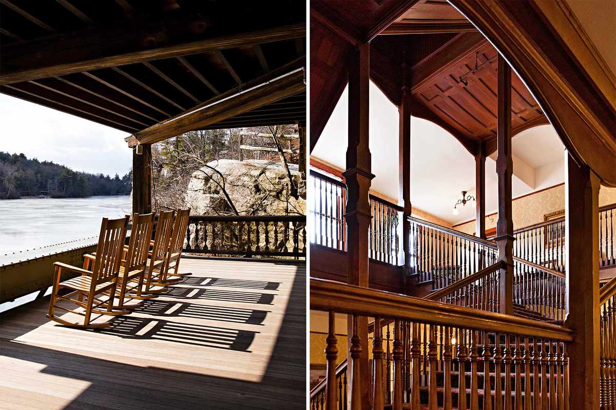 Pair of photos showing a porch with rocking chairs and a grand wooden staircase at Mohonk Mountain House