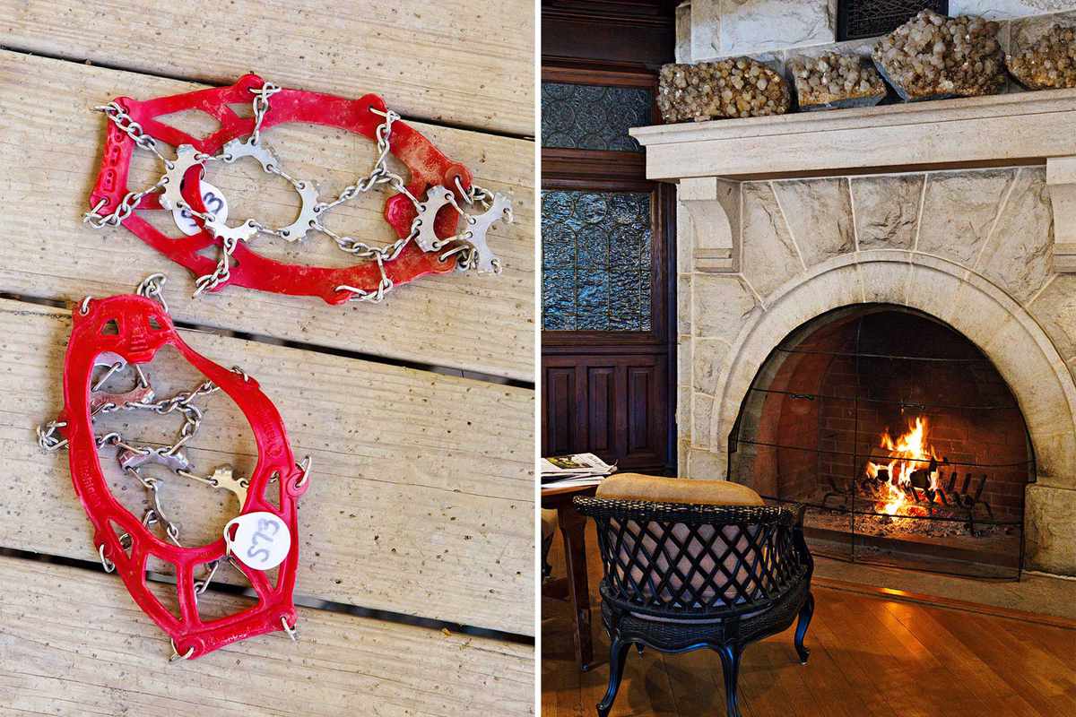 Pair of photos from Mohonk Mountain House showing snow spikes, and a fire in a fireplace