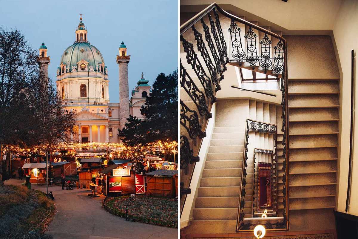 Scenes from Vienna, Austria, including a Christmas market aglow at night, and the spiraling staircase of the Altstadt Vienna hotel