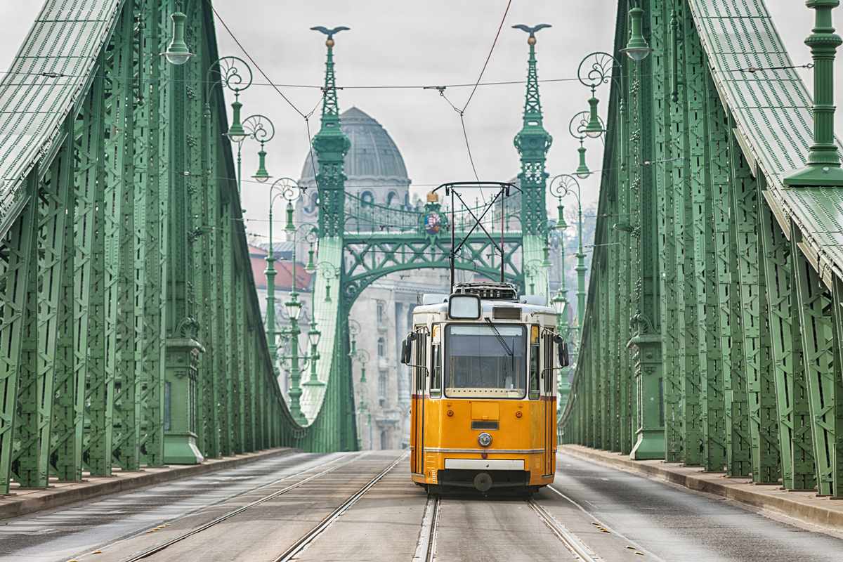 Vintage Cable Car on Liberty Bridge in Budapest