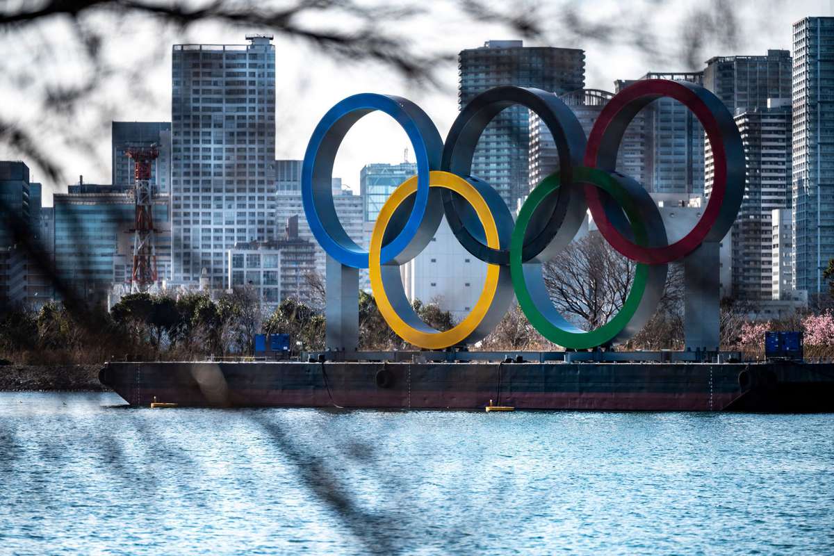 Olympic Rings on display at the Odaiba waterfront in Tokyo