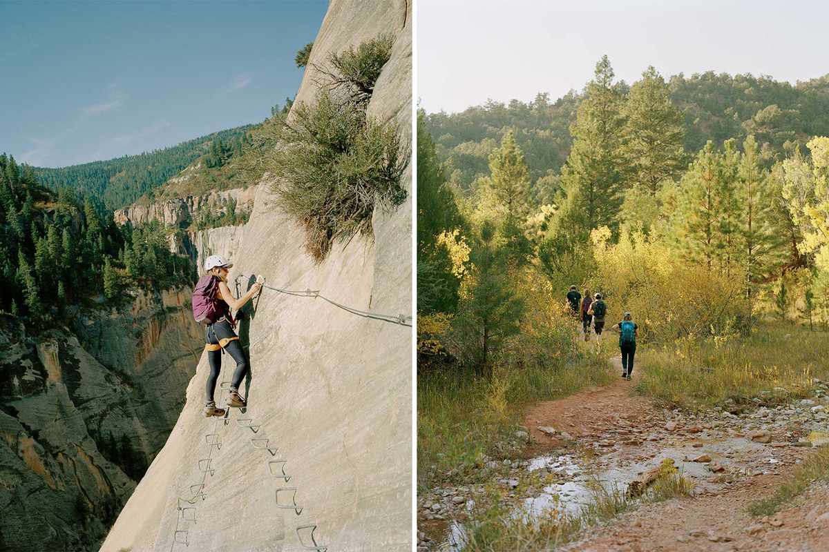 Scenes from the Greater Zion area, including a woman on a via ferrata climb, and hikers in Kolob Canyon