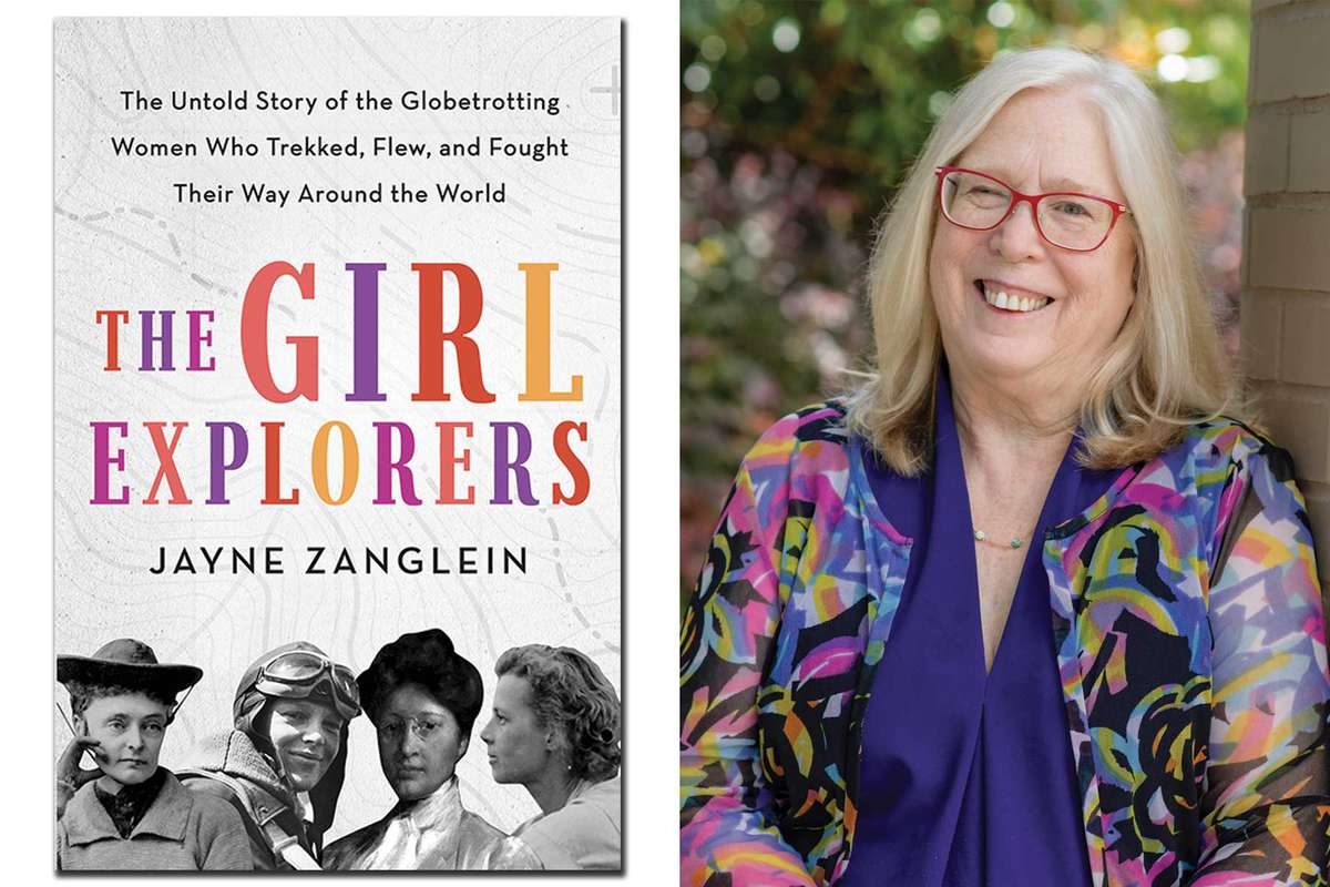 Book cover of The Girl Explorers by Jayne Zanglein and the author's portrait